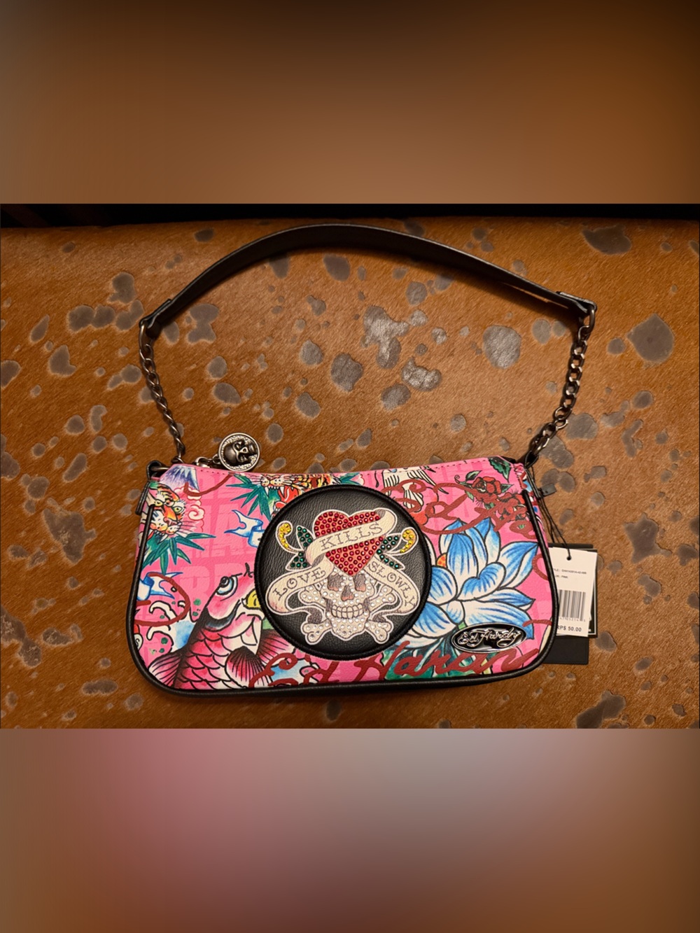 Ed Hardy Pink Floral Embroidered Skull Shoulder Bag